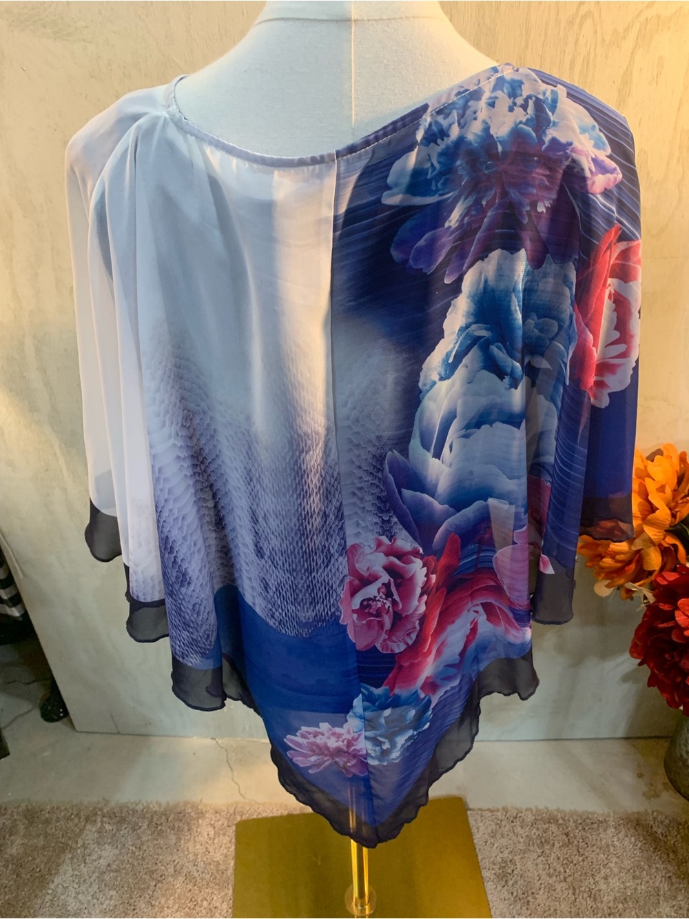 Rebecca Malone Blue and Light Blue Sheer Tie-Neck Blouse - Picture 4 of 7